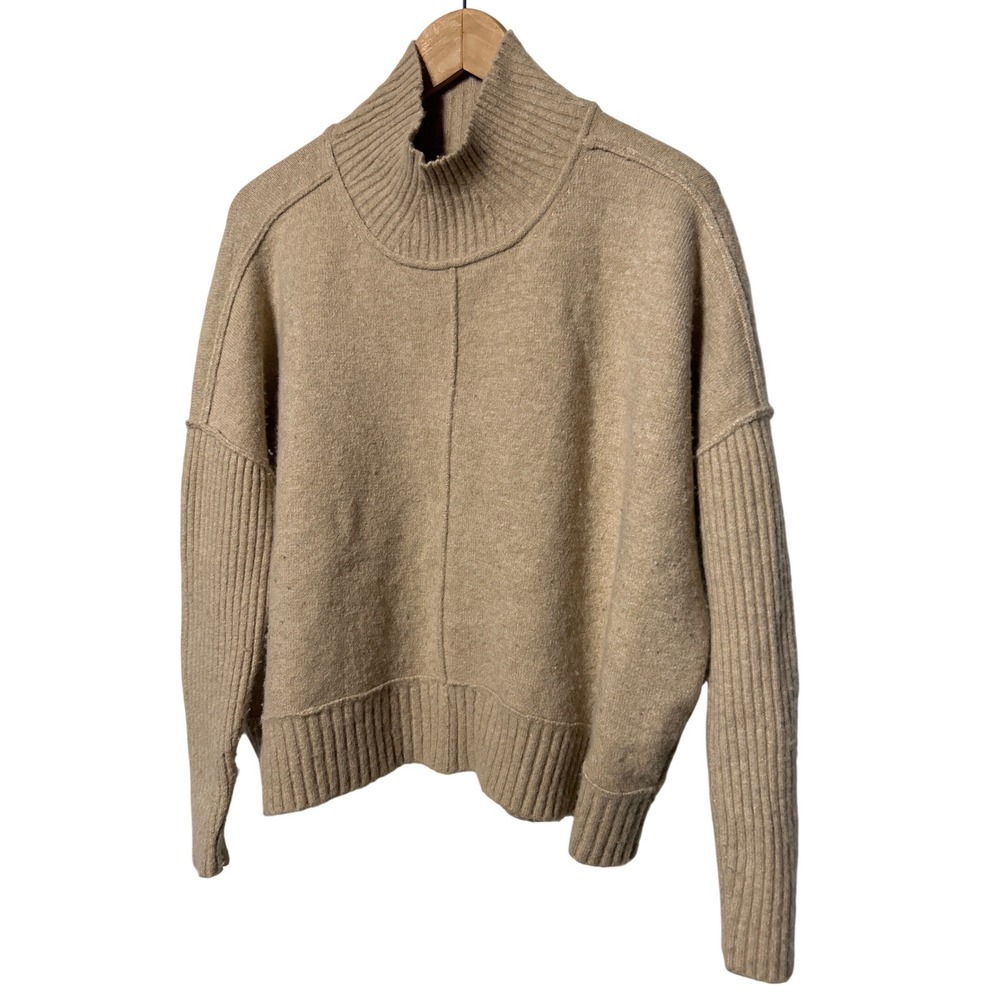 Anthropologie Maeve Tan Oatmeal Mock Neck‎ Exposed Seam Oversized Sweater Size S